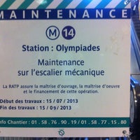 Photo taken at Métro Olympiades [14] by Sergey T. on 8/20/2013