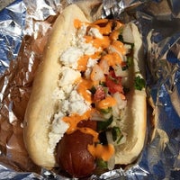Photo taken at Lucky Louie&amp;#39;s Sausage &amp;amp; Hot Dogs by Jody on 4/28/2014