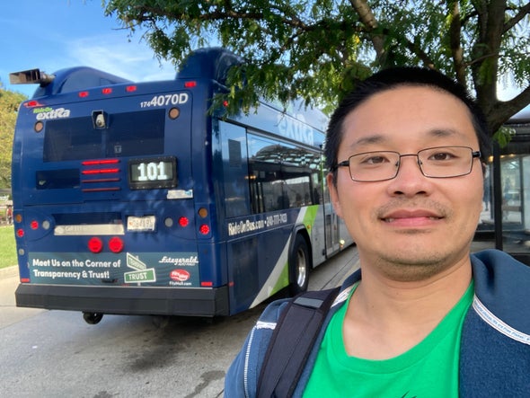 @yoursunny standing next to RIDE ON route 101