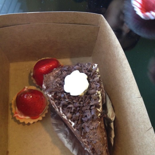 Strawberry tart is delicious! Perfect if you don't want to eat a whole cupcake. The chocolate mousse cake is the right amount of sweet and chocolate.  Ask about four square check in deals!