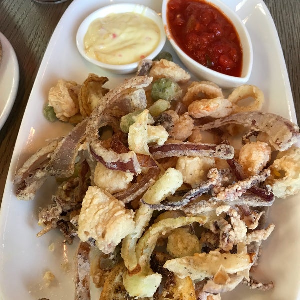 I really love the calamari here! Olive, onion, fennel, shrimp, and lemon are included in the mix of rings and tentacles.