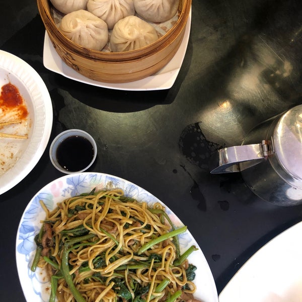 Soup dumplings, noodles with beef, greens and shacha sauce, and scallion pancake roll. The perfect lunch.