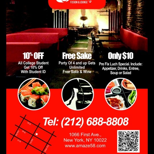All you can drink sake and house wine for parties of four and up plus student discount !