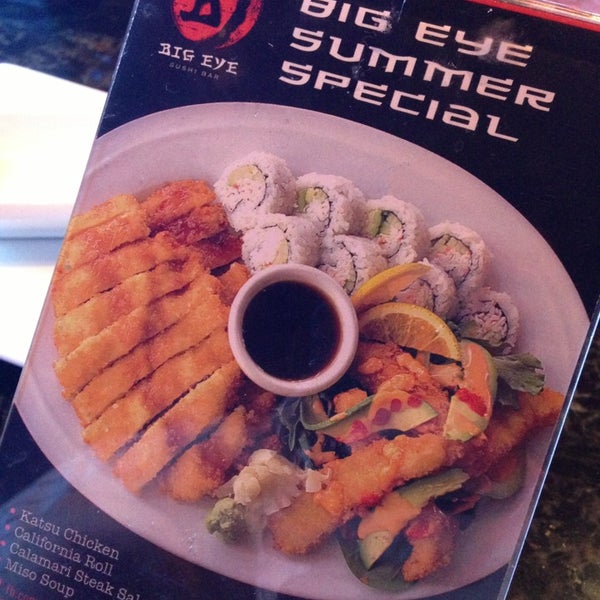Hungry? Order the Big Eye Summer Special. It includes chicken, a California roll, calamari steak salad and miso soup all for only $9.99. Yummy!