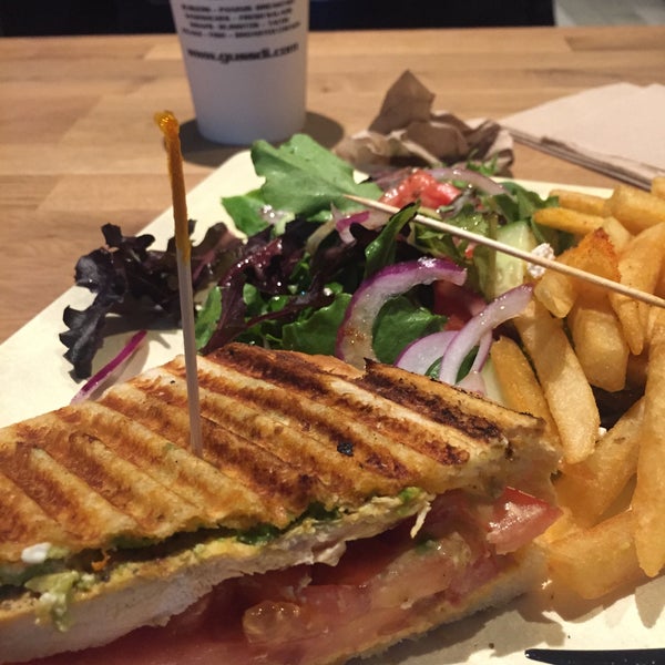 Chicken avocado panini, fries, salad, and drink for under $10