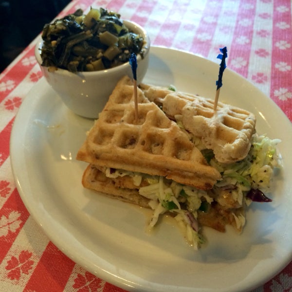 Vegan chicken fried soul - delicious chicken and waffle sandwich. Better than it has any business being.