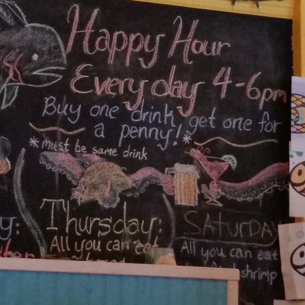 BOGO Happy Hour everyday from 4-6 PM: Buy one drink, get one for a penny. Must be same drink.