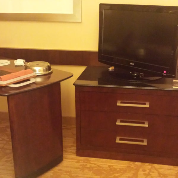 A little known feature at the Marriott here, one side of the desk has castors and can be rotated out to an angle to take a little break frm work & watch tv! Impressed :-) Thanks Casey-guest services