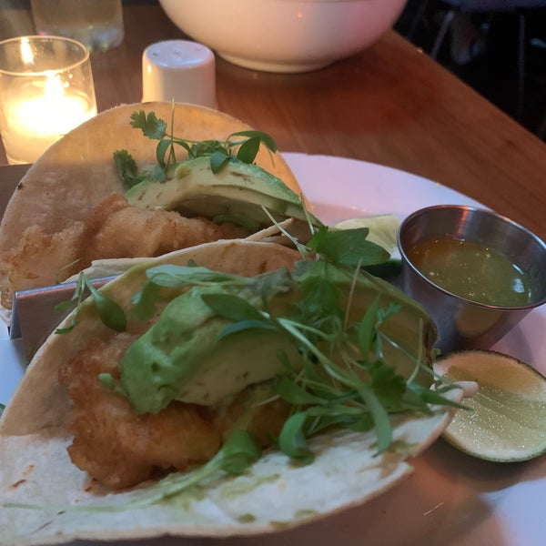 The fish tacos are flavorful, but for an entree it’s small as it’s only 2 small tacos so I would order a side as it’s not filling. The Duncan Hines chocolate cake is yummy. Great service and vibe!