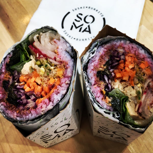 Huge sushi burritos. They have one vegan option, the Tokyo Bitch.