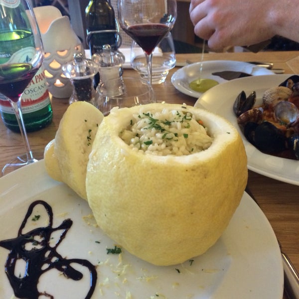 The risotto comes in a giant lemon! Also the valpolicella was very good and reasonably priced.
