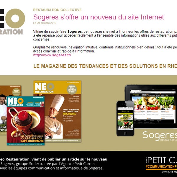 ※ REVUE DE PRESSE ※Le Magazine Neo Restauration, vient de publier un article sur le nouveau site internet de Sogeres, groupe #Sodexo, crée par L'Agence Petit Carnet.