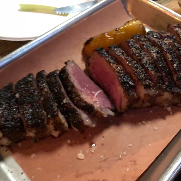 The smoked NY strip steak is perfect - must try (medium rare pictured)