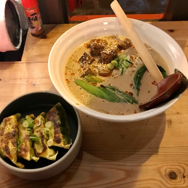 First ramen shop in Iceland. So good! 2 vegan ramen options and vegan gyoza available. Small space with ~8 high stool seats. Was the perfect meal on a windy rainy Reykjavik night.