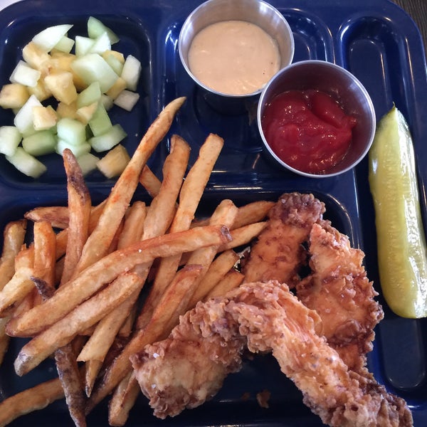 Kids chicken tender tray $6 comes with ketchup and cheese sauce. Chicken is really moist and crispy almost wish it was on the adult menu