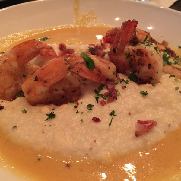 SHRIMP & GRITS - 15 [ house favorite] grilled gulf shrimp with smoked gouda bacon grits & tabasco shallot butter. Great dish just a little too spicy from the sauce. Also wish you got a few more shrimp