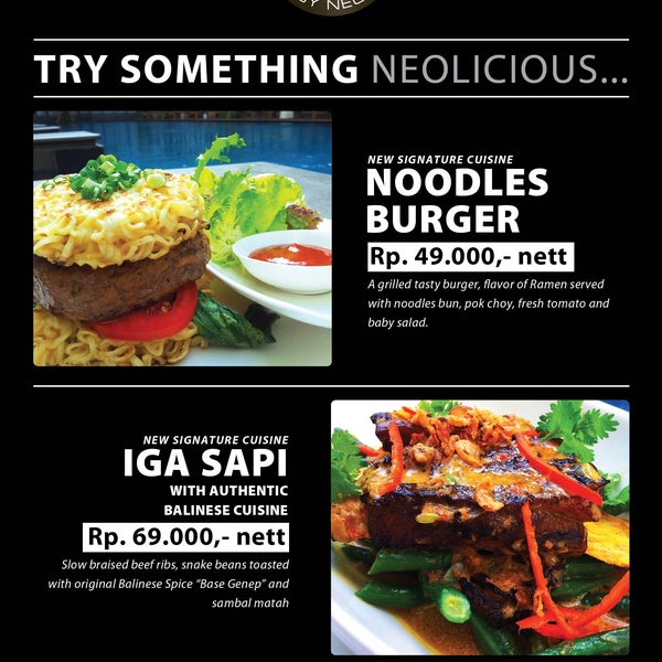 Noodles Burger and Iga Sapi with Authentic Balinese Cuisene