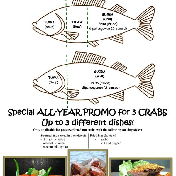 Did you know that you can get up to 2-3 dishes when ordering just 1 fish? We also have ALL-YEAR round PROMOS when you purchase 3 crabs!