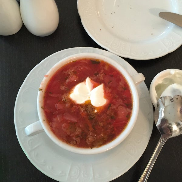 Get borscht! This one has perfect sweet-sour combination and color is very authentic. Borscht are hard to make but this one was as good as mine and I am an expert!