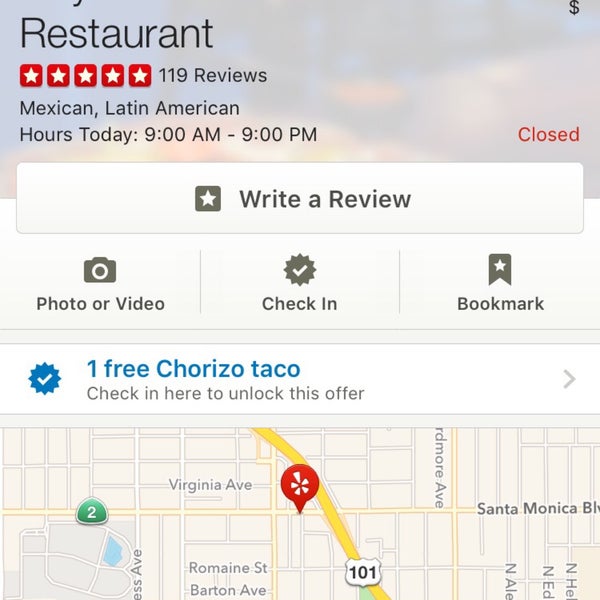 Get a free chorizo taco for checking in on yelp.