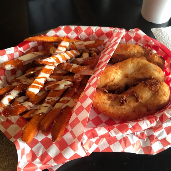 Sweet potato fries with drizzle.