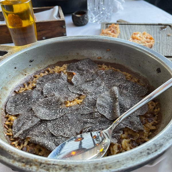 It has great views over the city, food is great bc of the product, but is expensive. The paellas or rice are extraordinary, but are just for 1 (not thought to share).