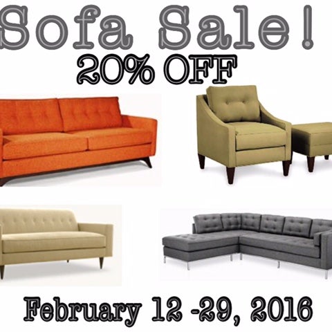 Sofa Sale!!! 20% OFF sofas, secionals, chairs, ottomas, and chaises.  It excludes discounted merchandise and pending orders.