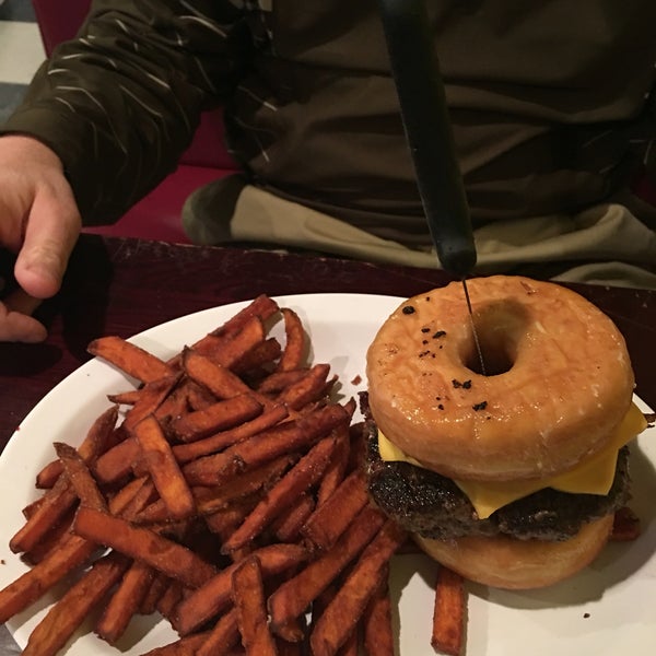 Burgers are really good. This is the one my husband got. The double doobie do do ...yes those are donuts. Yes he ate the whole thing.
