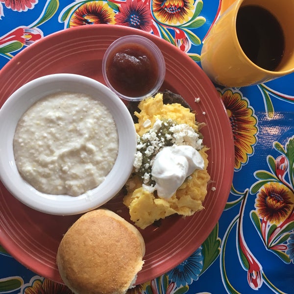 Egg-celent with black bean patties, salsa + famous biscuits.