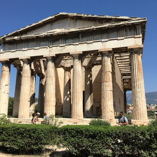 The Temple of Ares located in the northern part of the Ancient Agora of Athens with people visiting the site