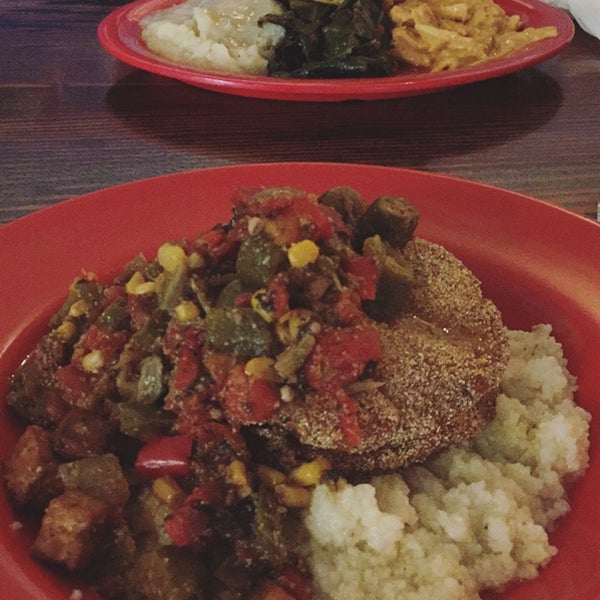 Southern fried tofu plate with okra gumbo and grits, and the combo plate. Best vegan meal in the Bay Area so far.