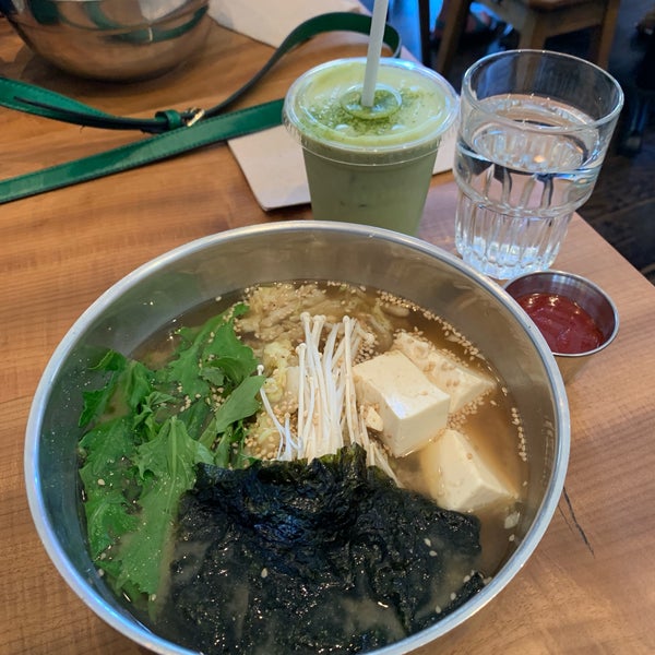 Fast casual Korean with lots of vegan options like this vegan ramen lunch special but also fried tofu Korean tacos and tofu bento box. Got a dairy-free matcha shake too.