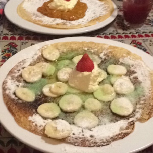 The pancakes are excellent. Pictured is the Bali, and rhubarb on top left. The green stuff is a banana liqueur. They only hold reservations for 10 minutes and the stairs are quite steep.