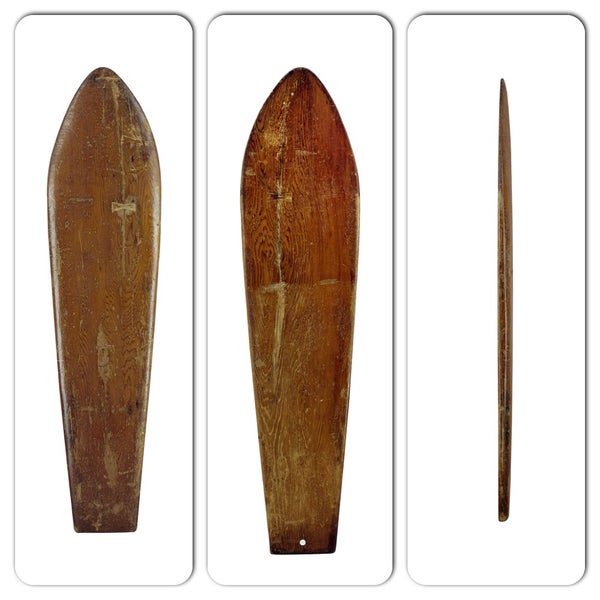Made around 1900, this is one of the oldest solid redwood boards made in Hawaii, and one of the oldest boards in the SHACC collection.