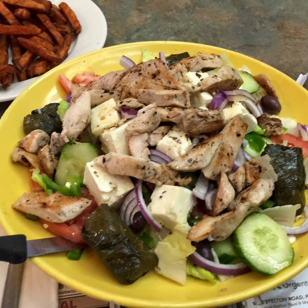 Greek salad with Chicken and sweet potato fries-beware large is HUGE! Very filling and chicken was flavorful!