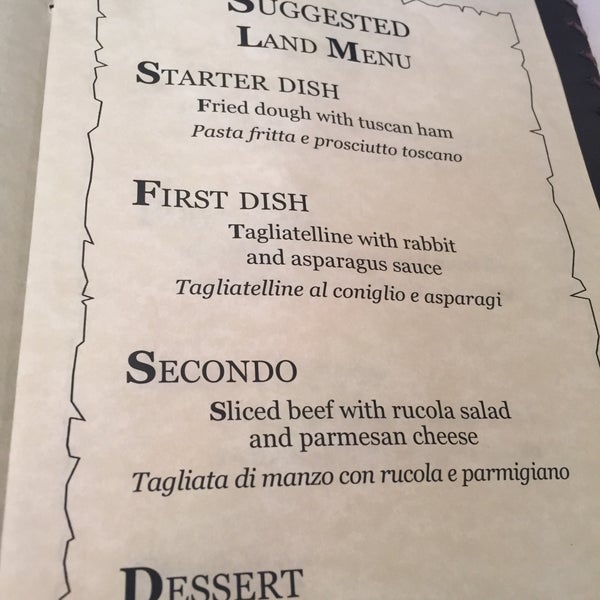 They have suggested menus and a regular menu as well. I tried the "Land Menu" and was perfect! The sliced beef w/arucula salad is delicious. The service is great. This is true italian food (no pizzas)