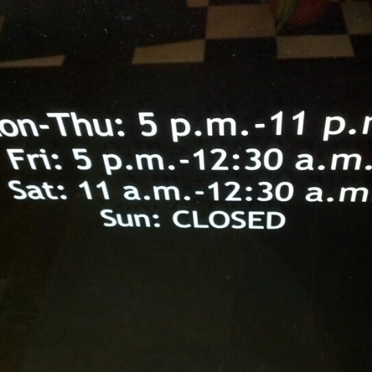 The hours listed here are incorrect! Open M - Th: 5:00pm - 11:00pm ; Fri: 5:00pm - 12:30am; Sat: 11:00am - 12:30am
