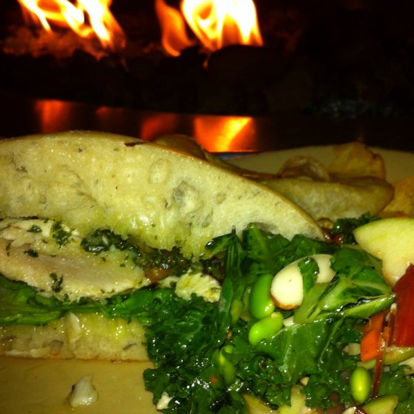 Grilled Ono sandwich, Superfood salad, and patio dining