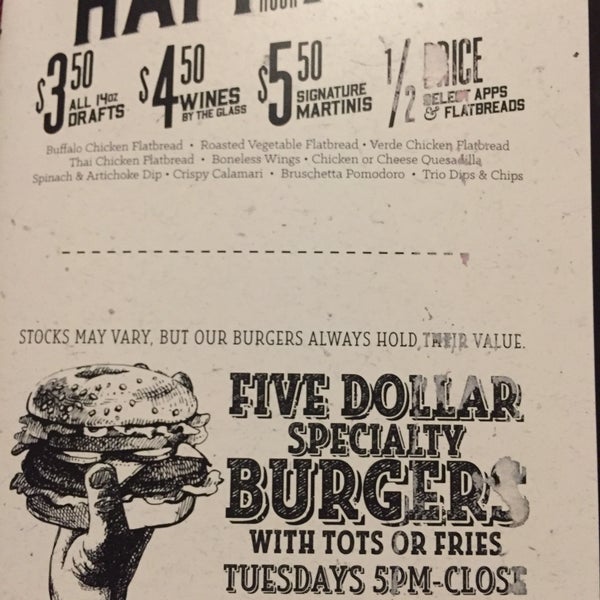 Happy Hour M-F 4-7pm. $5 burgers Tue 5pm-close
