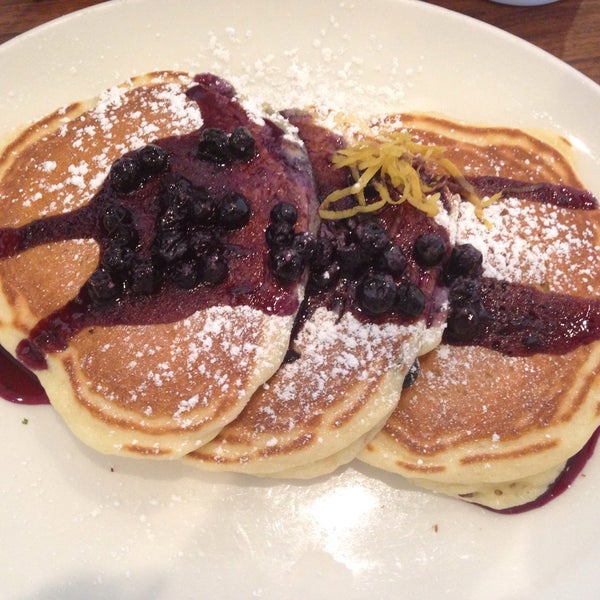 Get the blueberry pancakes with a side of bacon. It also comes with real maple syrup. No regrets.