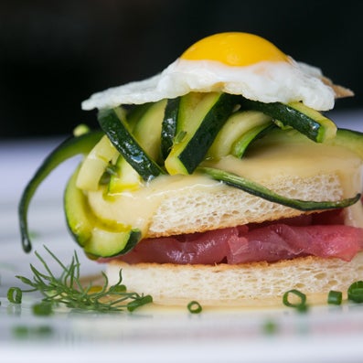 The Tuna and Zucchini Benedict was inspired by Chef Francesca Penoncelli's mother, who would serve zucchini in carpione, a rustic, traditional marinated zucchini dish from Northwestern Italy.