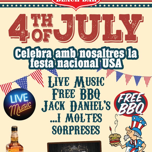 Celebra el 4th of July con nosotros: música en directo, barbacoa gratis con tu consumición y más! / Celebra el 4th of July amb nosaltres: música en directe, barbacoa gratuita amb la teva consumició...