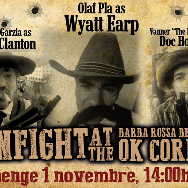 El domingo 1 de noviembre rememoramos el duelo más famoso del Far West, el de OK Corral. A las 14h, tiroteo y a las 17h, OK CORRAL SHOW. En Barba-Rossa Beach Bar Castelldefels, ¡prepara el revólver!