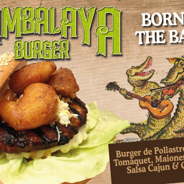 Nuevo JAMBALAYA BURGER, inspirado en los pantanos de Louisiana, el Swamp Rock y la cultura Cajún: burger de pollo, lechuga, tomate, huevo duro, mayonesa, gambas & salsa Cajún. Born on the Bayou!