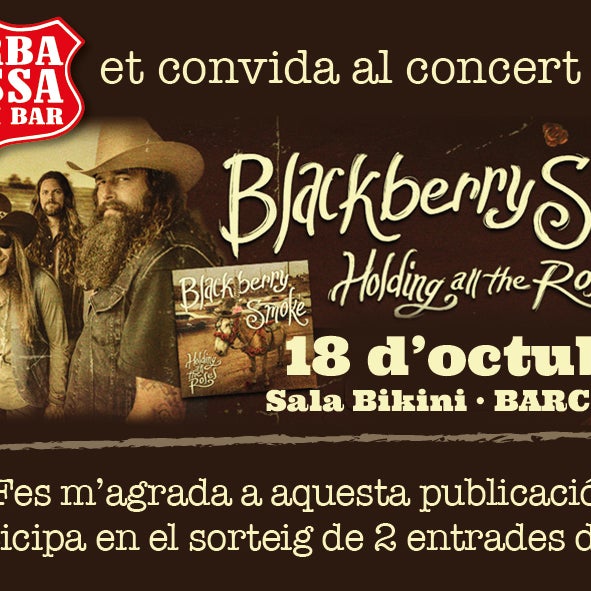 Sorteamos 2 entradas dobles para ver a Blackberry Smoke en Barcelona. ¡Participa en nuestro Facebook! https://www.facebook.com/barba.rossa.560?fref=photo
