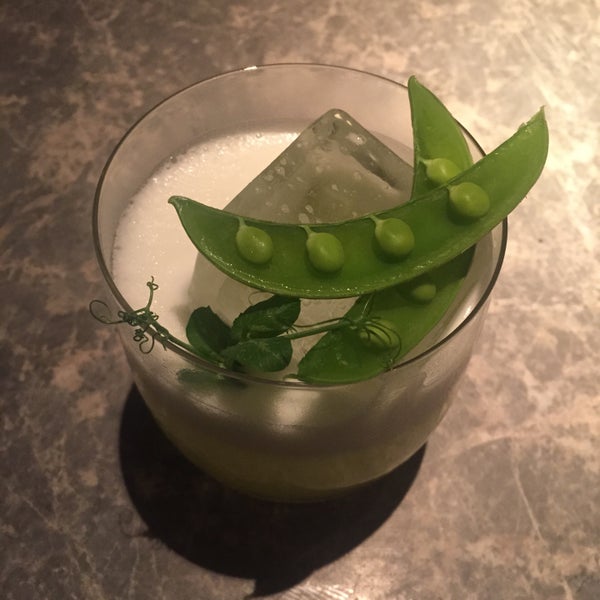Some of the best, EXPENSIVE drinks in Hong Kong. Fresh peas and other fancy garnishes!