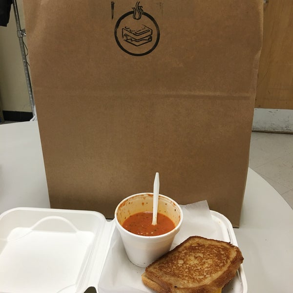 Tomato basil soup and classic grilled cheese