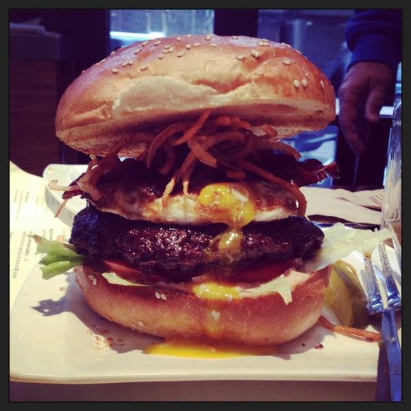 the breakfast burger has a runny fried egg and crispy beef bacon; delicious!