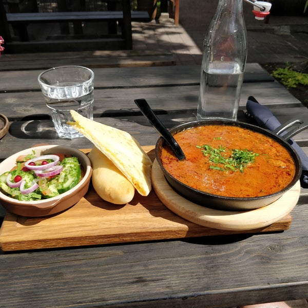 Tasty Georgian food and borjomi!The meat stew with cheese bread  and salad for 12e during lunch time was perfect.