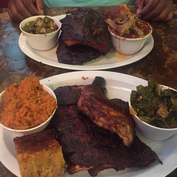 The Memphis ribs and the smoked chicken are two very good choices. The greens, sautéed okra and mashed sweet potatoes are also no brainers. However, the pork and beans weren't as good as we expected.